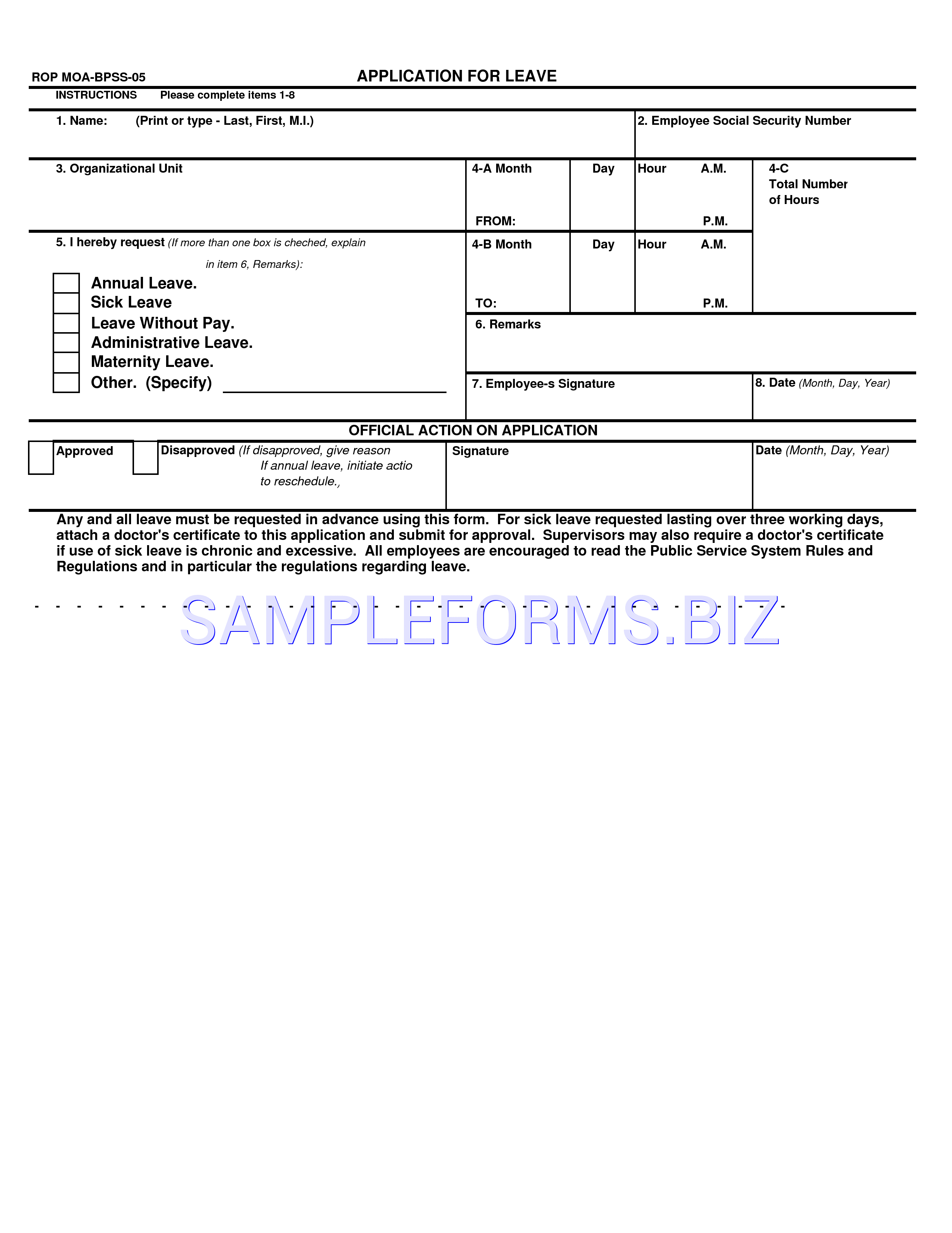 Preview free downloadable Application for Leave 1 in PDF (page 1)